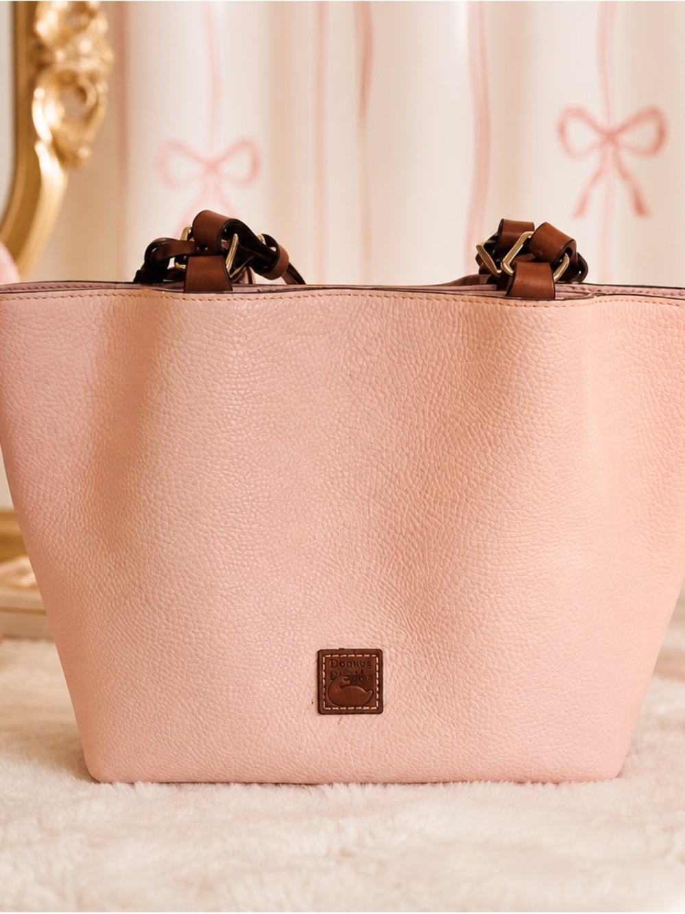 Dooney & Bourke Blush Pink Pebbled Leather Tote with Brown Trim